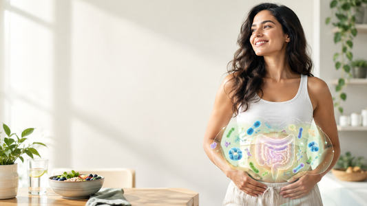 Healthy adult woman in a modern wellness setting with a subtle scientific visualization of beneficial gut microbiome microorganisms around the abdomen